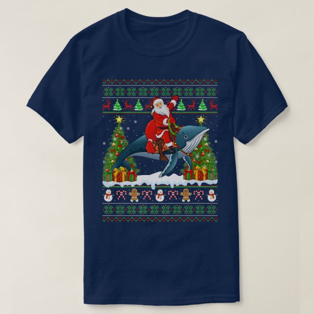 Blue Whale Lover Ugly Santa Riding Blue Whale Chri T-Shirt (Design Front)