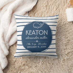 Blue Whale Nautical Baby Boy Birth Stats Throw Pillow