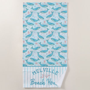 Blue Whale Nautical Beach House Personalized Ocean Beach Towel