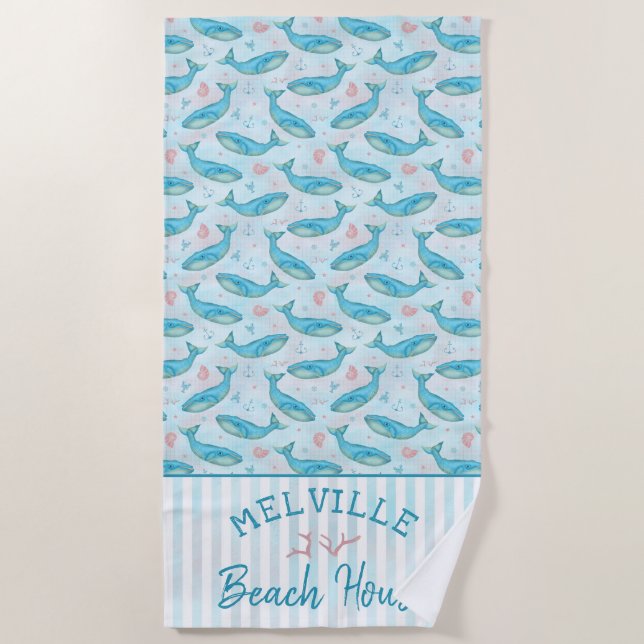 Blue Whale Nautical Beach House Personalized Ocean Towel (Front)