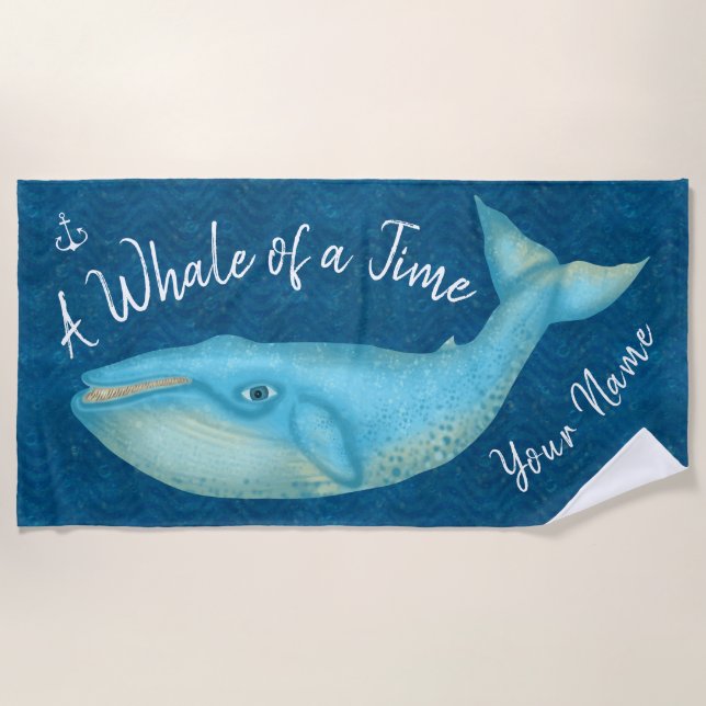 Blue Whale Nautical Beach Time Personalized Ocean Towel (Front)