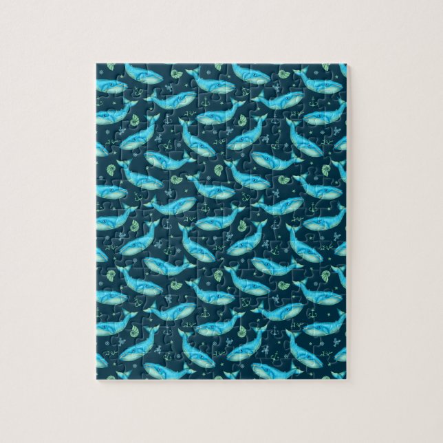 Blue Whale Nautical Ocean Beach Cute Pattern Jigsaw Puzzle (Vertical)