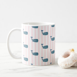 Blue Whale Nautical Stripe Pattern Coffee Mug