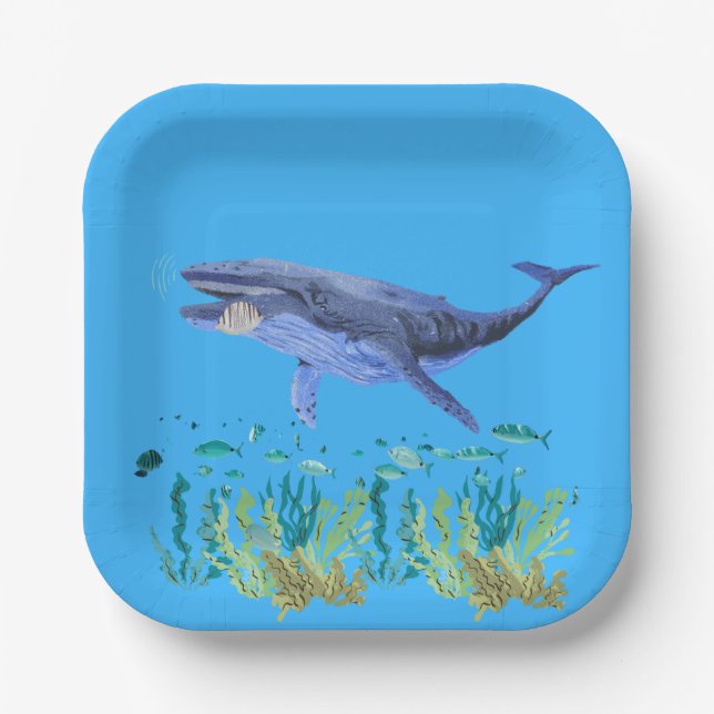 Blue, Whale, Ocean, Fish Paper Plate (Front)