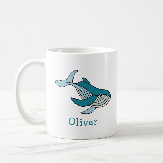 Blue Whale Ocean Personalized Name Coffee Mug (Left)