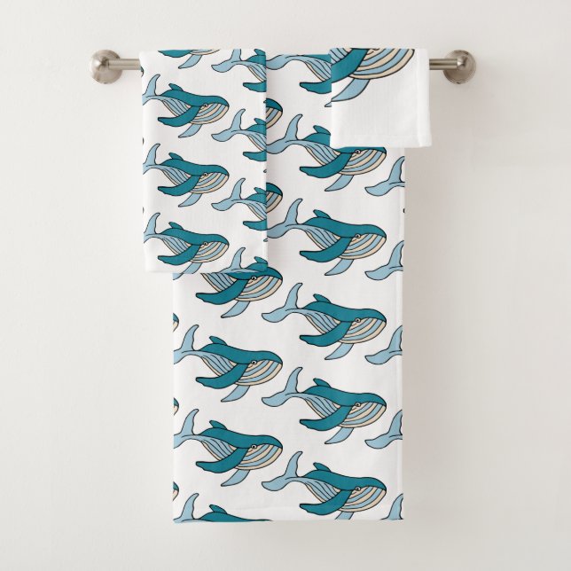 Blue Whale Pattern Bath Towel Set (Insitu)