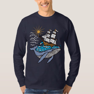 Blue Whale Sailing Ship Wave Nautical Theme T-Shirt