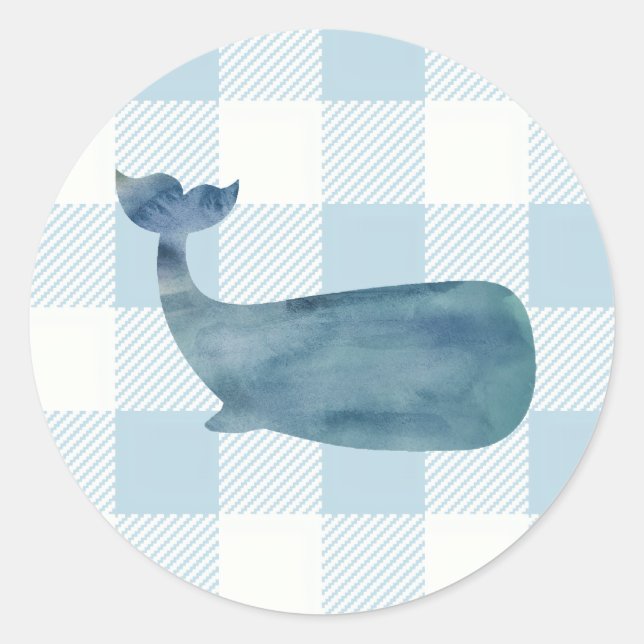 Blue Whale Shiplap Nautical Gingham Classic Round Sticker (Front)