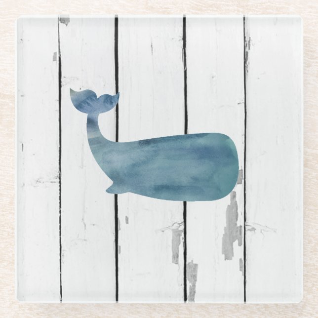 Blue Whale Shiplap Rustic Beach Decor Glass Coaster (Front)