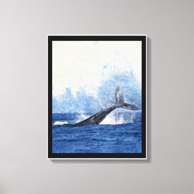 Blue Whale Splashing in Ocean Art Canvas Print (Front)