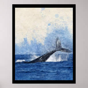 Blue Whale Splashing in Ocean Art Poster