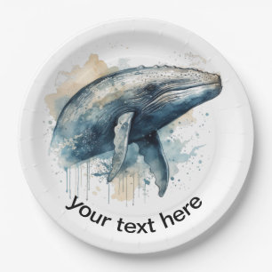 blue whale swimming, customizable paper plate
