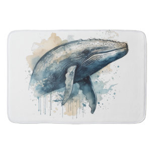 blue whale swimming in the ocean in watercolor bath mat