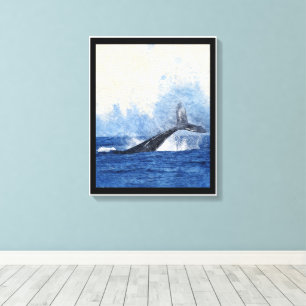 Blue Whale Tail Splashing in Ocean Art Canvas Print