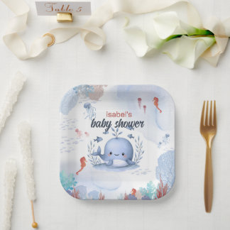 blue whale under sea baby shower paper plate