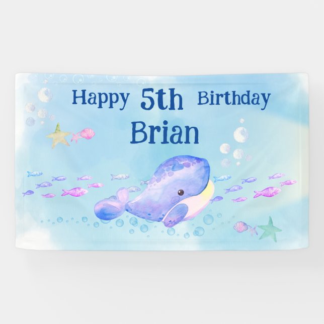  Blue Whale Watercolor Birthday  Banner (Horizontal)