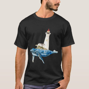 Blue Whale with lighthouse on the back. Watercolor T-Shirt