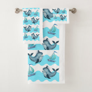 Blue Whales and Sailboats  Bath Towel Set