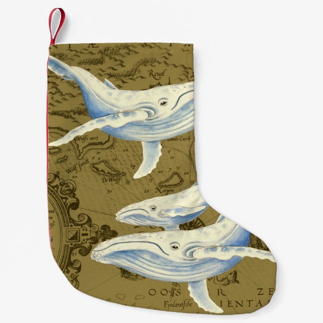 Blue Whales Family Olive Green Small Christmas Stocking (Front)