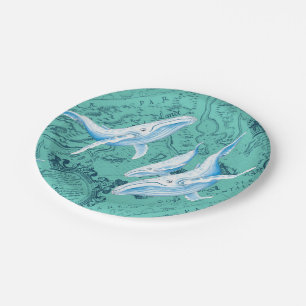 Blue Whales Family Teal Paper Plate