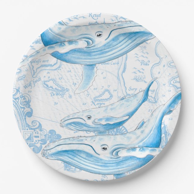 Blue Whales Family White Paper Plate (Front)