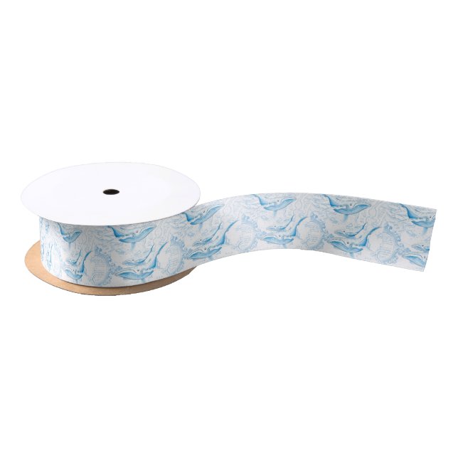 Blue Whales Family White Satin Ribbon (Spool)