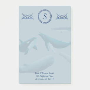 Blue Whales Monogram with Name Address Post-it Notes