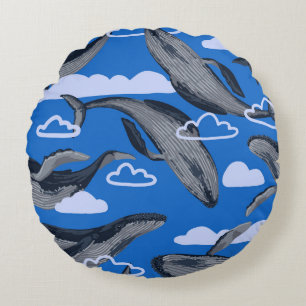 Blue Whales Vintage Hand Drawn Round Pillow