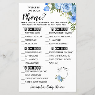 Blue What is on your Phone Baby Shower Game card