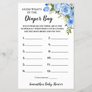 Blue Whats in the Diaper Bag Baby Shower Game card
