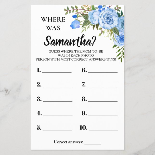 Blue Where was Mom shower bilingual game card (Front)