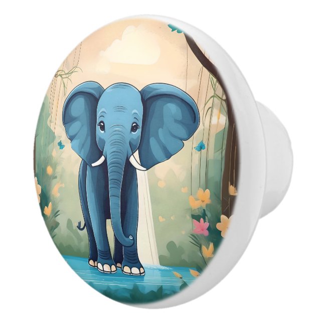 Blue Whimsical Baby Elephant, Ceramic Knob (Right)