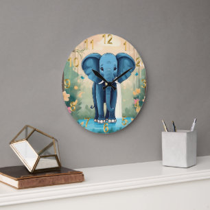 Blue Whimsical Baby Elephant, Large Clock