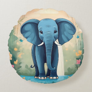 Blue Whimsical Baby Elephant, Round Pillow
