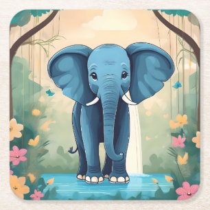 Blue Whimsical Baby Elephant, Square Paper Coaster