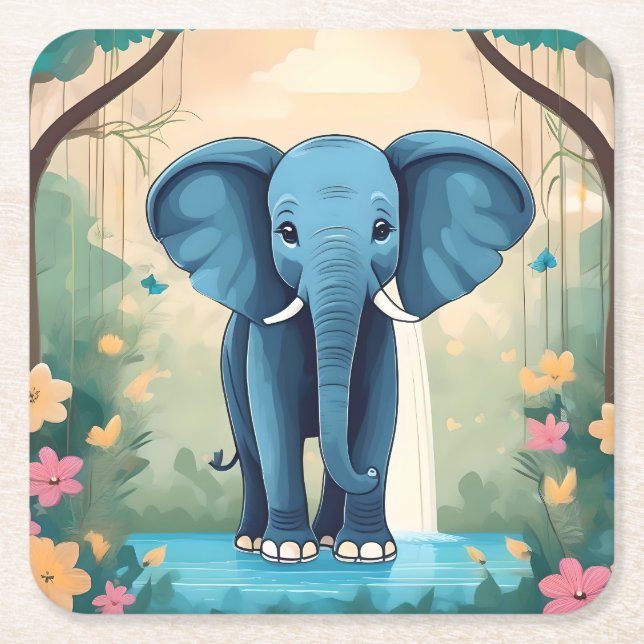 Blue Whimsical Baby Elephant, Square Paper Coaster (Front)