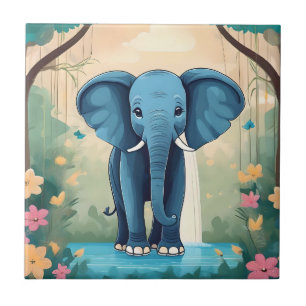Blue Whimsical Baby Elephant, Tile