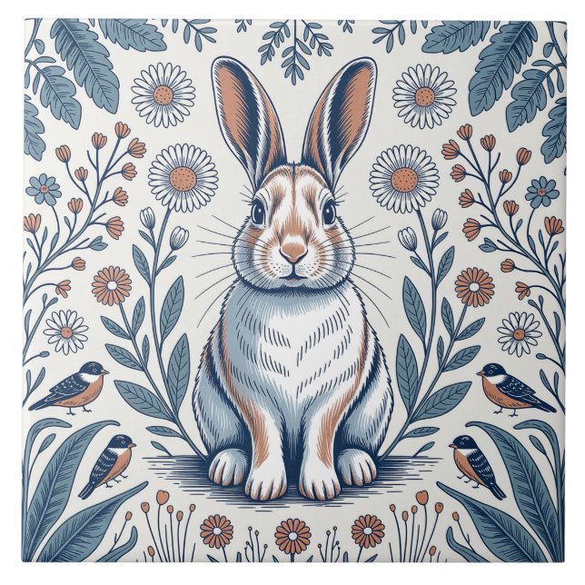 Blue Whimsical Bunny Rabbit Floral Design Tile (Front)