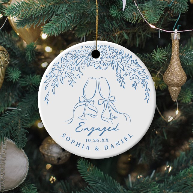 Blue Whimsical Cheers Our First Christmas Engaged Ceramic Ornament (Blue Whimsical Cheers Our First Christmas Engaged Ceramic Ornament)