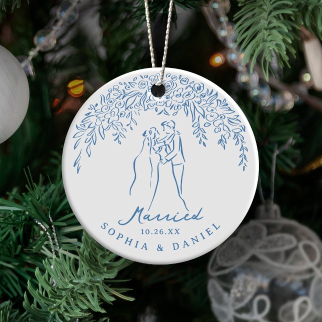 Blue Whimsical Couple Our First Christmas Married Ceramic Ornament (Blue Whimsical Couple Our First Christmas Married Ceramic Ornament)