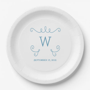 Blue Whimsical Flourish Monogram Paper Plates