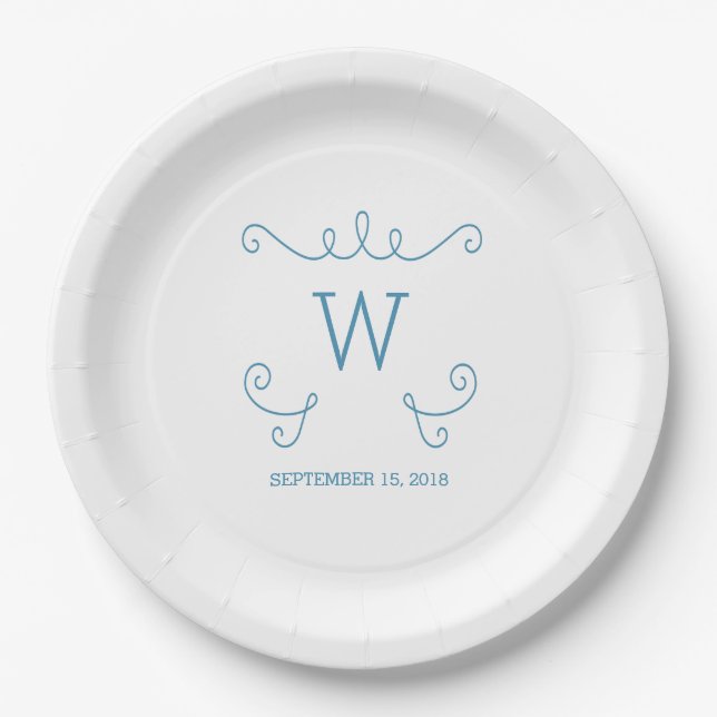 Blue Whimsical Flourish Monogram Paper Plates (Front)