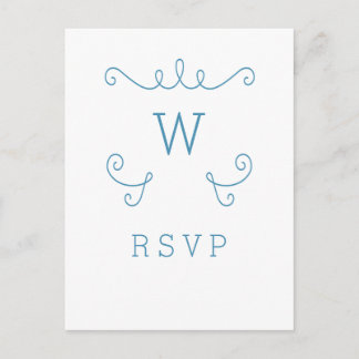 Blue Whimsical Flourish Monogram RSVP Postcard