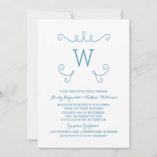 Blue Whimsical Flourish Monogram Wedding Invite