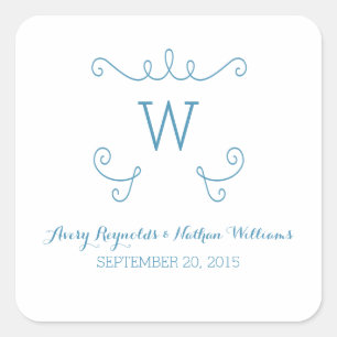 Blue Whimsical Flourish Monogram Wedding Square Sticker