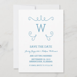Blue Whimsical Flourish Save the Date Invite