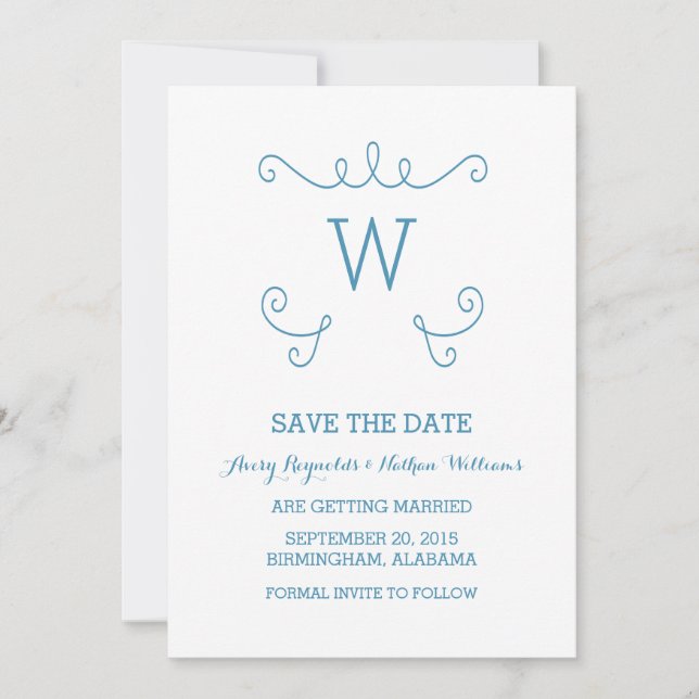 Blue Whimsical Flourish Save the Date Invite (Front)
