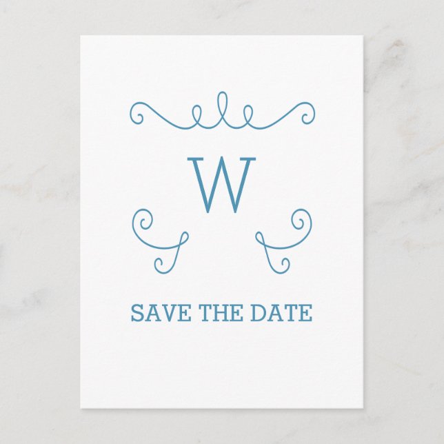 Blue Whimsical Flourish Save the Date Postcard (Front)