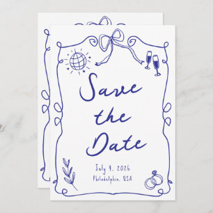 Blue Whimsical Fun Quirky Hand drawn Wedding Save The Date