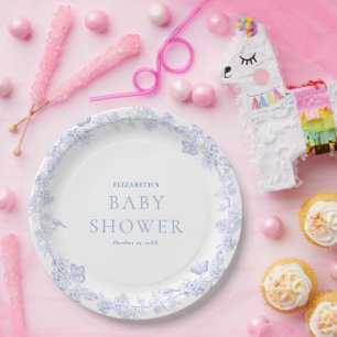 Blue Whimsical Garden Chinoiserie Baby Shower Paper Plate
